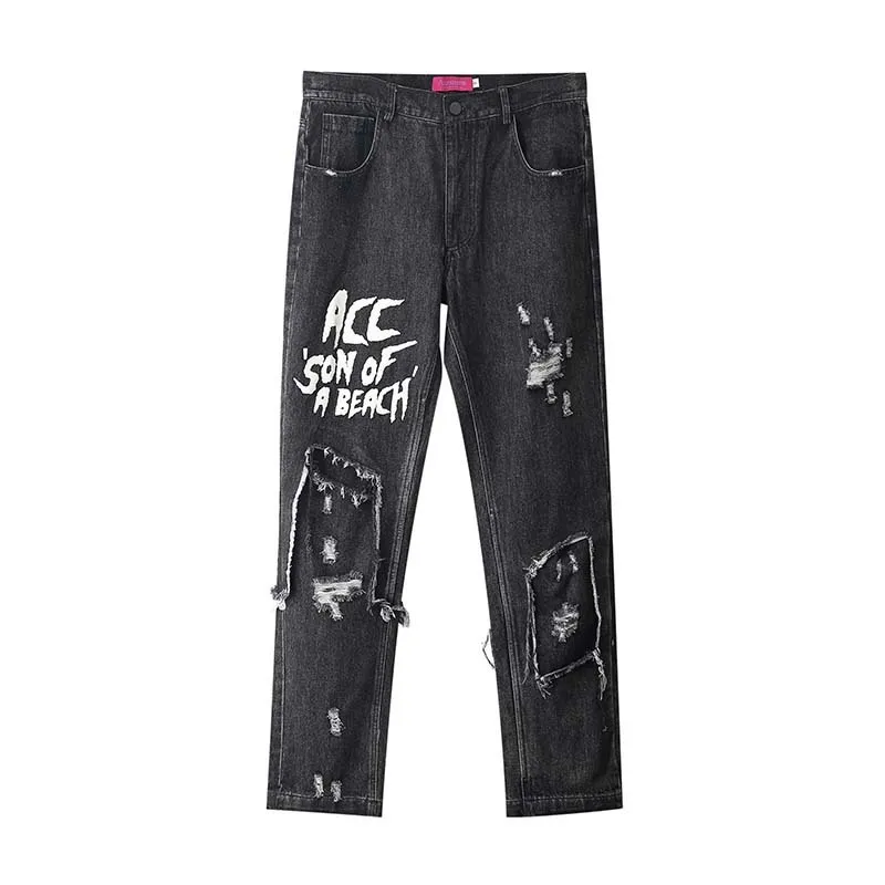 UNCLEDONJM Hommes Casual Graffiti Noir Jeans Hommes Slim Fit Ripped Distressed Jeans Denim Pantalon Vintage Long Pantalon ED-AC18 201111