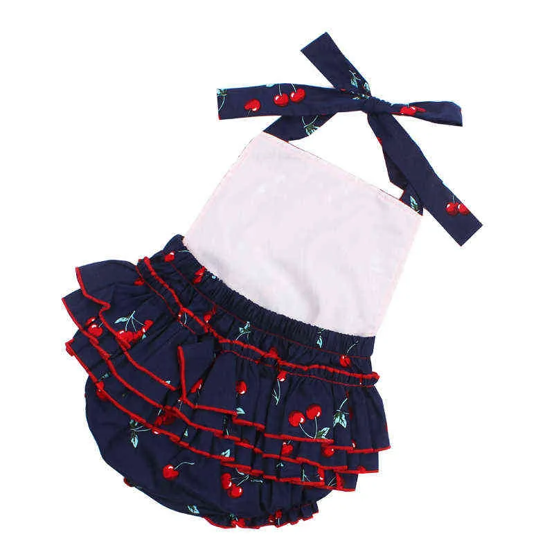Vêtements pour bébés filles, barboteuse et bandeau pour nouveau-nés, sans manches, à volants, motif cerise, Costume d'été pour bébé, G1221