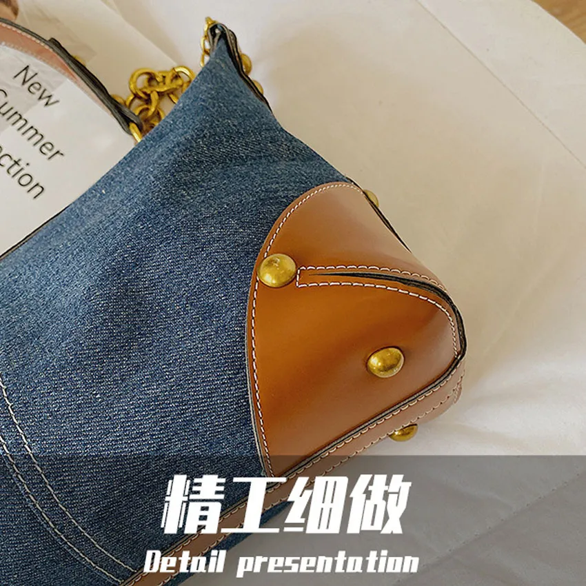 Korean version of small  women`s bag denim canvas stitching contrast color chain 2021 new trend autumn one-shoulder portable underarm bags