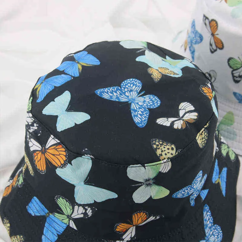 Bucket chapéu chapéu branco preto borboleta rua mulheres chapéu osso lado duplo elegante outdoor casual hop hop pescar balde gorras g220311