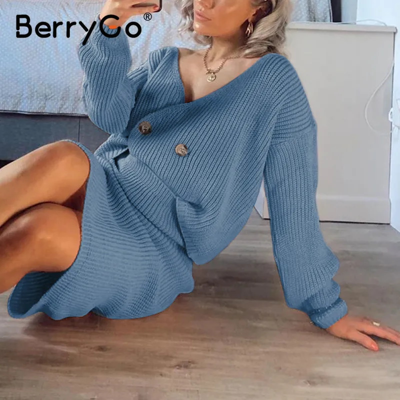 BerryGo Sexy v-neck women knitted skirt suits Autumn winter long sleeve two piece dress Elegant party female sweater dress blue LJ200814