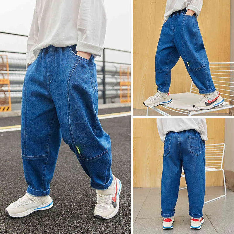 Boys Cargo Pants Autumn 2021 School Children Jeans Fashion All-match Blue Jeans Elastic Waist Kids Casual Trousers 12 13 14 Year G1220