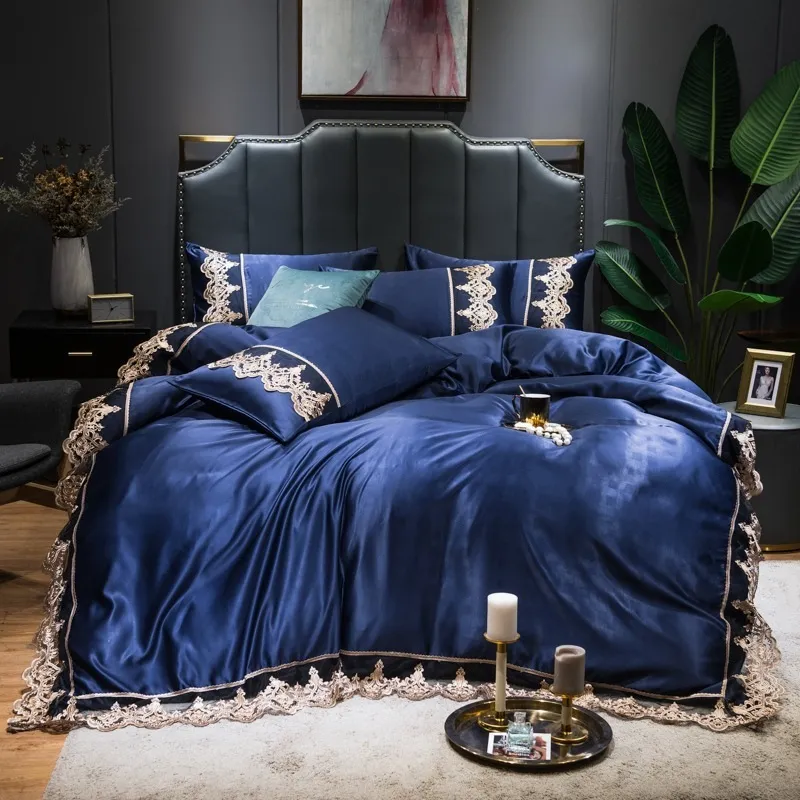 Luxus 2 oder 3 oder Spitzen Seiden Bettwäsche Set Satin Bettdecke mit flachem Blatt Reißverschluss Twin Queen King 7 Muster 2012106405781