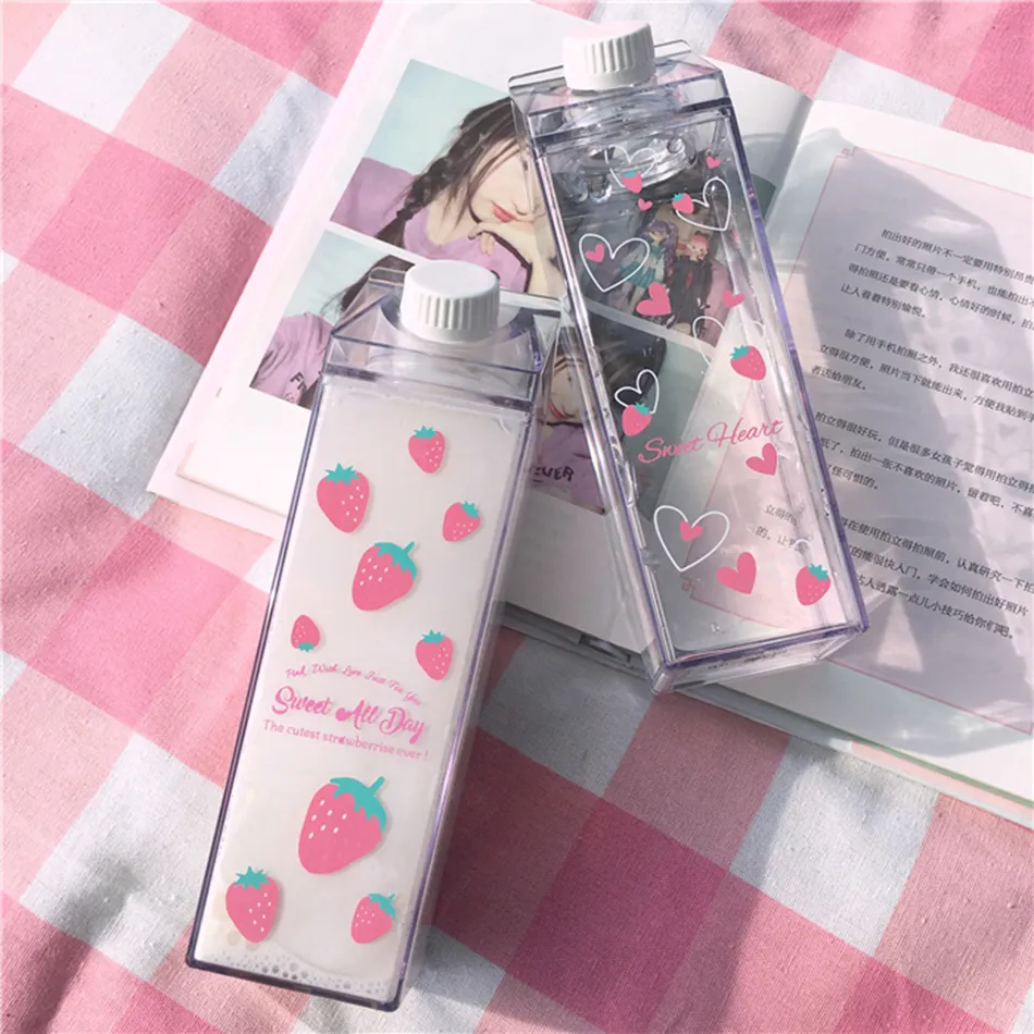 500 ml créatif mignon en plastique clair carton de lait bouteille d'eau mode fraise boîte de lait transparente jus tasse d'eau pour filles enfant 201106
