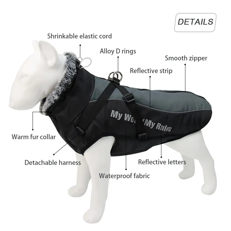 Wasserdichte große Hundekleidung Winterhundmantel mit Kabelbaum Purry Kragen warme Haustierkleidung Big Dog Jacket Labrador Bulldog Kostüm 201116