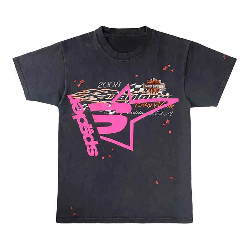 Camiseta con estampado de tela de araña para hombre y mujer, remera con estampado de espuma de calidad 1:1, camisetas a la moda, camiseta rosa para jóvenes Thug Sp5der 2022 555555