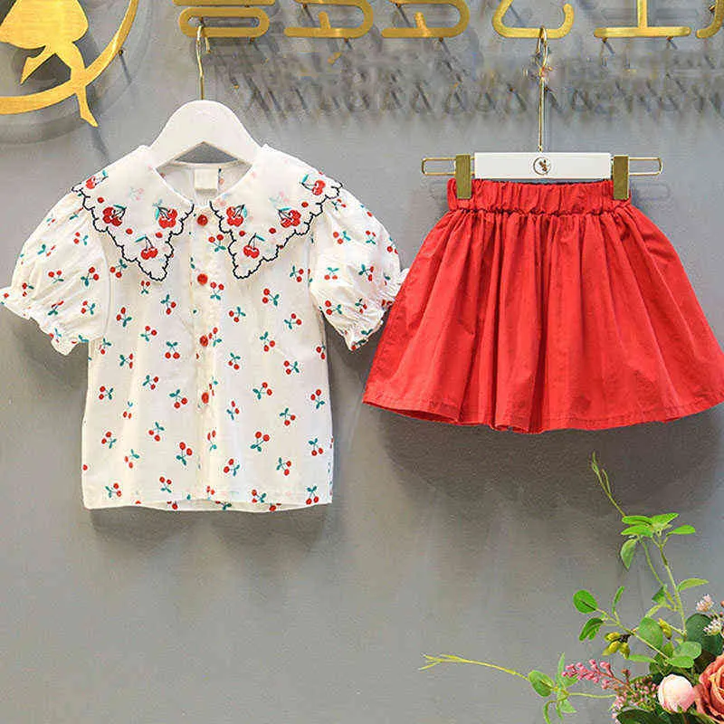 Summer New Girl Clothes Suit Embroidered Cherry Lace Lapel Top+Elastic Waist Skirt Two-Piece Baby Kids Suit Children'S Clothing Y220310