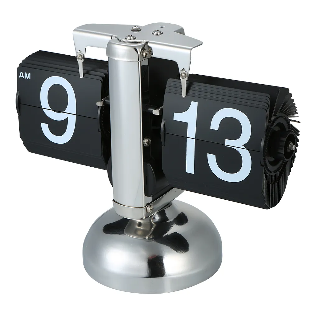 Relógio de mesa de pequena escala retro flip sobre relógio de aço inoxidável engrenagem interna operado quartzo relógios preto branco decoração home 201120