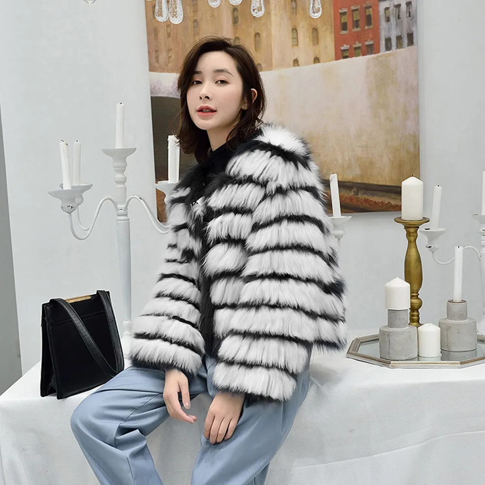 Fashion Women Black And White Stripe faux fur coat long sleeve O-Neck fur jacket Warm Casual outerwear Winter Overcoat Outercoat 201019