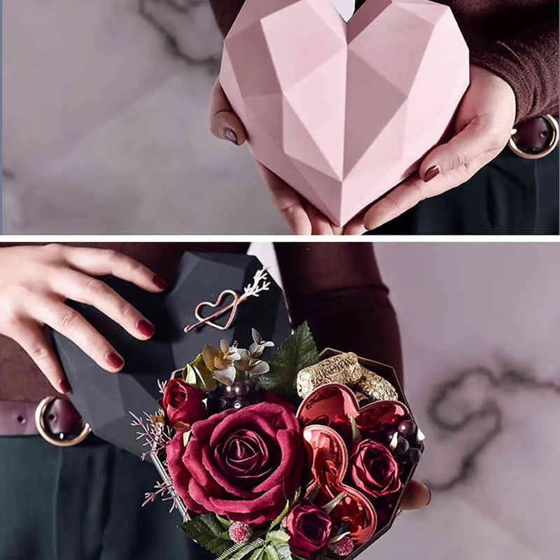 HighEnd-Geburtstagsgeschenk im Instagram-Stil, Diamant-Herzform, Blumenkasten, Roségold-Farbe, innere Blumenverpackung, Geschenkbox H1231