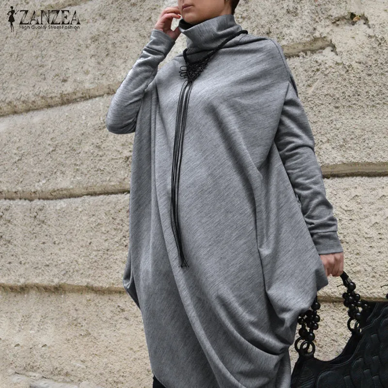 2020 Zanzea Moda Moda Hoodies Dress Mulheres Sundress Casual Turtleneck Assimétrica Suéter Pullover Vestido 5xl Y0118