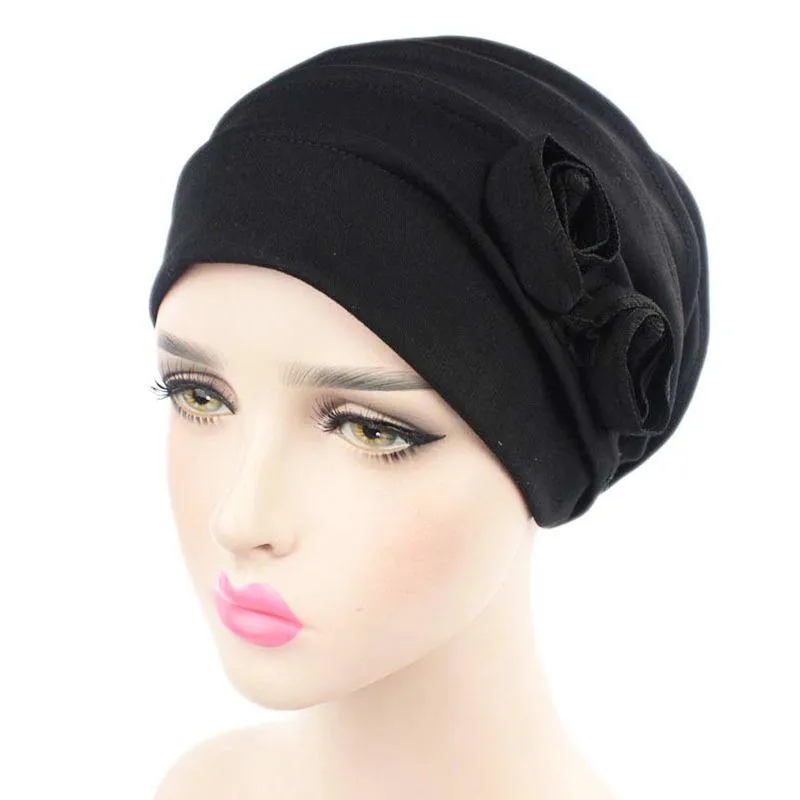 Femmes fleur musulman cheveux casquette élastique mode chimio coton tête enveloppement couleur unie chapeau chapeaux Turban Caps1263b