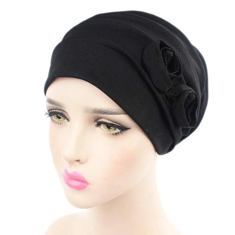 Kvinnor blomma muslimska hårkapsel elastisk mode kemo bomull huvud wrap fast color hatt huvudkläder turban caps1263b