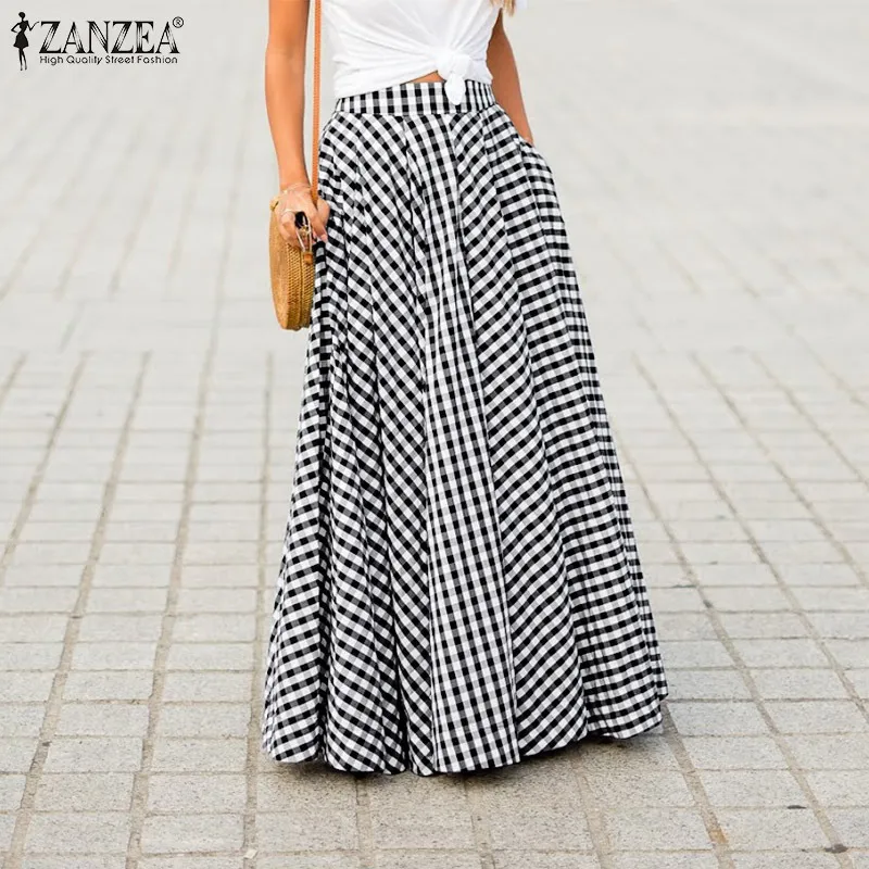 Women's Skirts ZANZEA Vintage Plaid Check Long Skirt Zipper Pleated Faldas Bohemian Jupe Femme Casual Pockets Maxi Skirts T200324