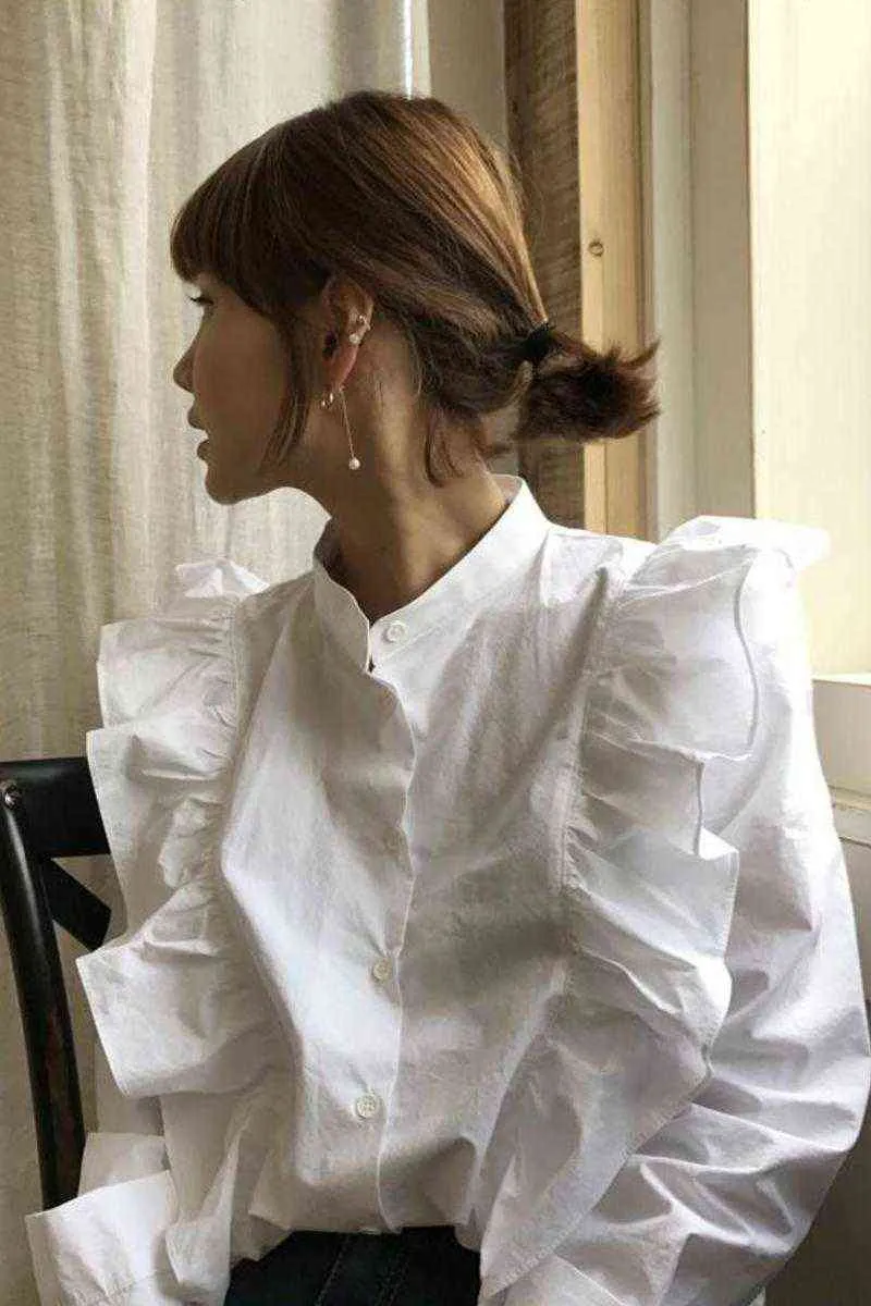 Nomikuma koreansk singel breasted stand neck blus skjorta ruffle patchwork långärmad blusas femme höst söt docka skjorta 6c150 h1230