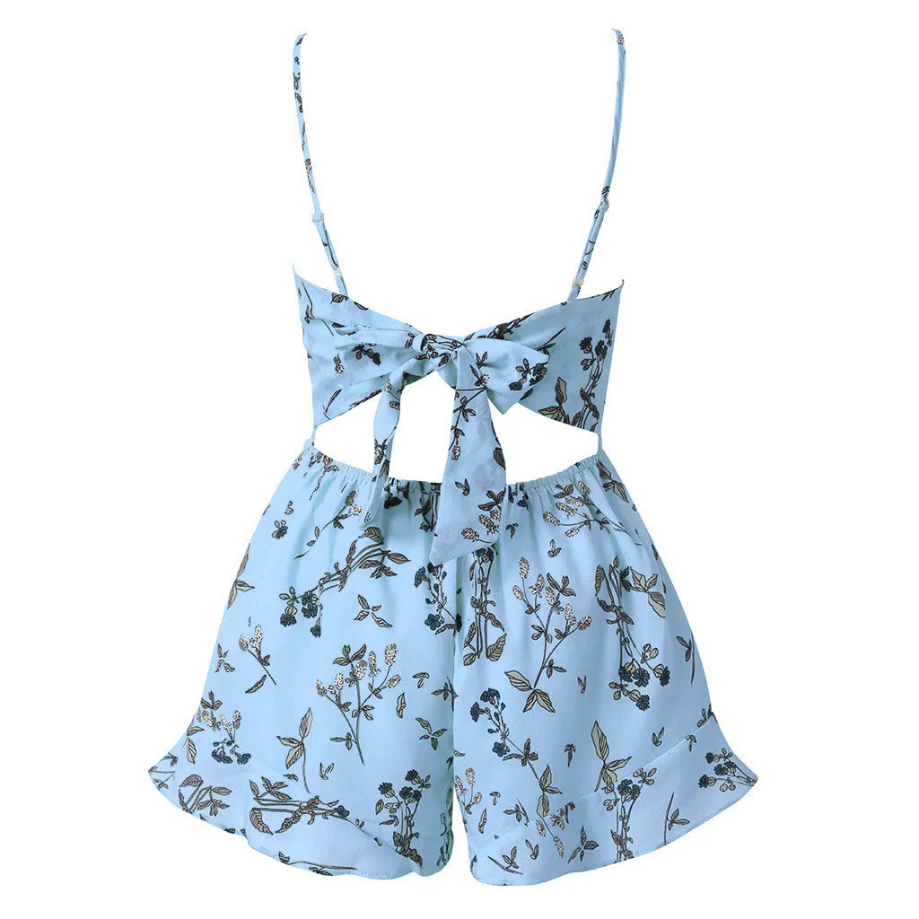 Mulheres V-Pescoço Floral Macacões Sexy Suspensos Sem Mangas Sem Mangas Calções Jumpsuit Bow Nó Backless Playsuit Siamese Calças # LR2 T200527