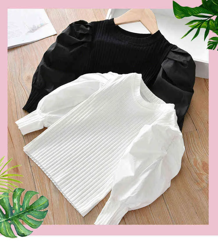 Girls Puff Sleeve T-shirt Spring 2021 New Children's Fashion Long Sleeve T-shirt Baby Wearing Knitwear Kid's Bottoming Shirt G1224