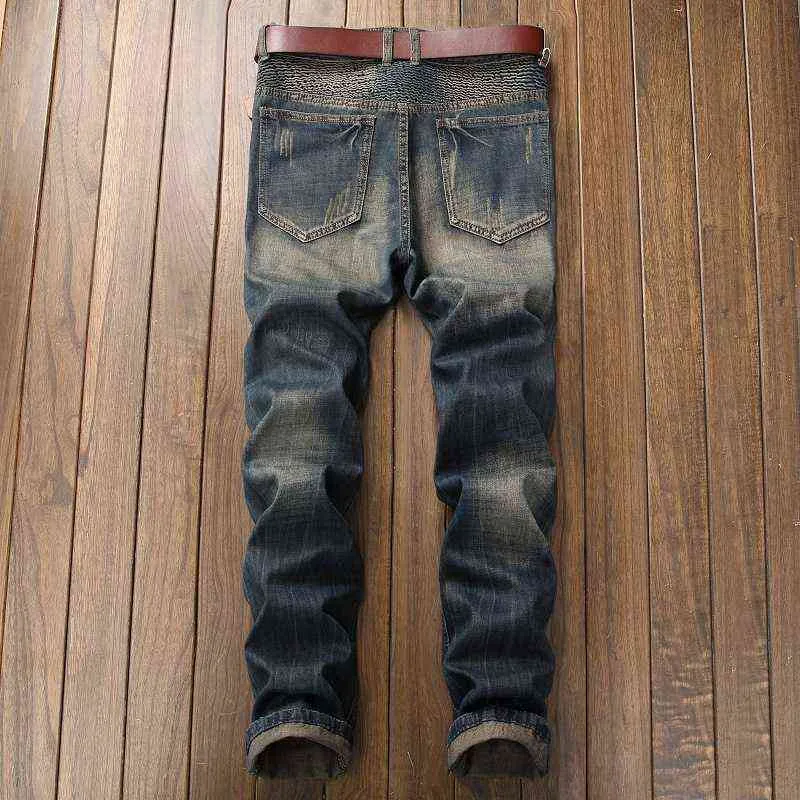 Trendy Straight Leg Men's Stacked Jeans Punk Vintage Biker Zipper Pocket Motorcycle Pants Fashion Patchwork Male Denim Trousers 220118