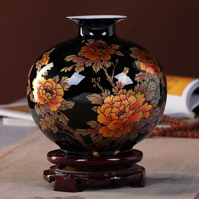 Nouveau style chinois Vase Jingdezhen porcelaine noire cristal glaçure fleur Vase décor à la maison à la main brillant Famille Rose Vases LJ20120279s
