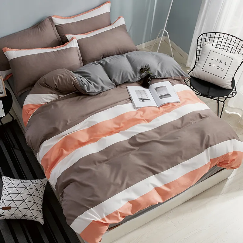 Bomullsängar uppsättning 4st med duvet täckt lakan kudde Barn Stripe sängkläder Set King Queen Full Twin Size LJ200818