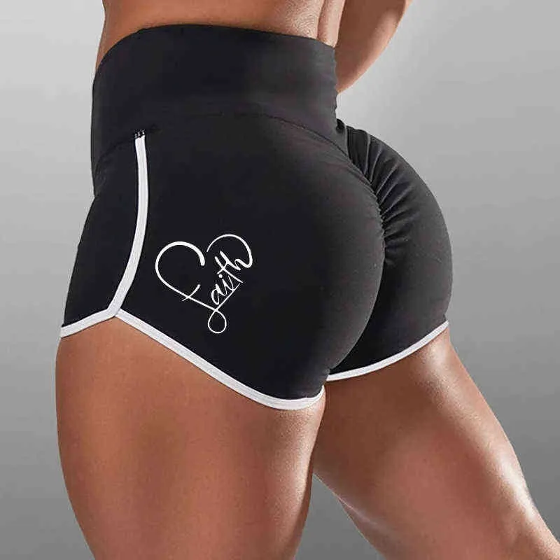 Women Plus Size Workout Sport Shorts High Waist Ruched Scrunch Booty Skinny shorts Letters Heart Print Butt Push Up Leggings Y220311