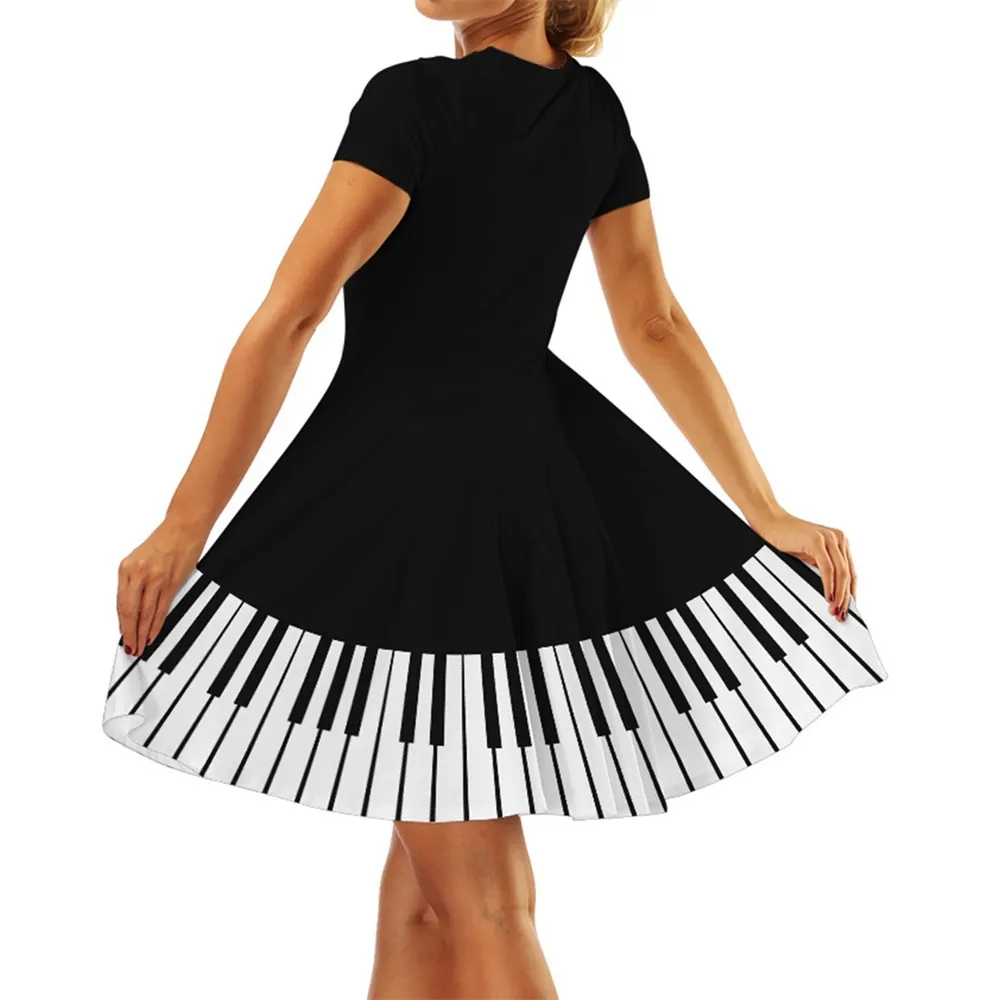 جديد الصيف النساء فساتين عارضة 3d مطبوعة الإبداعية البيانو اللباس قصيرة الأكمام مثير حزام ميدي خط اللباس vestidos رداء فام Y0118