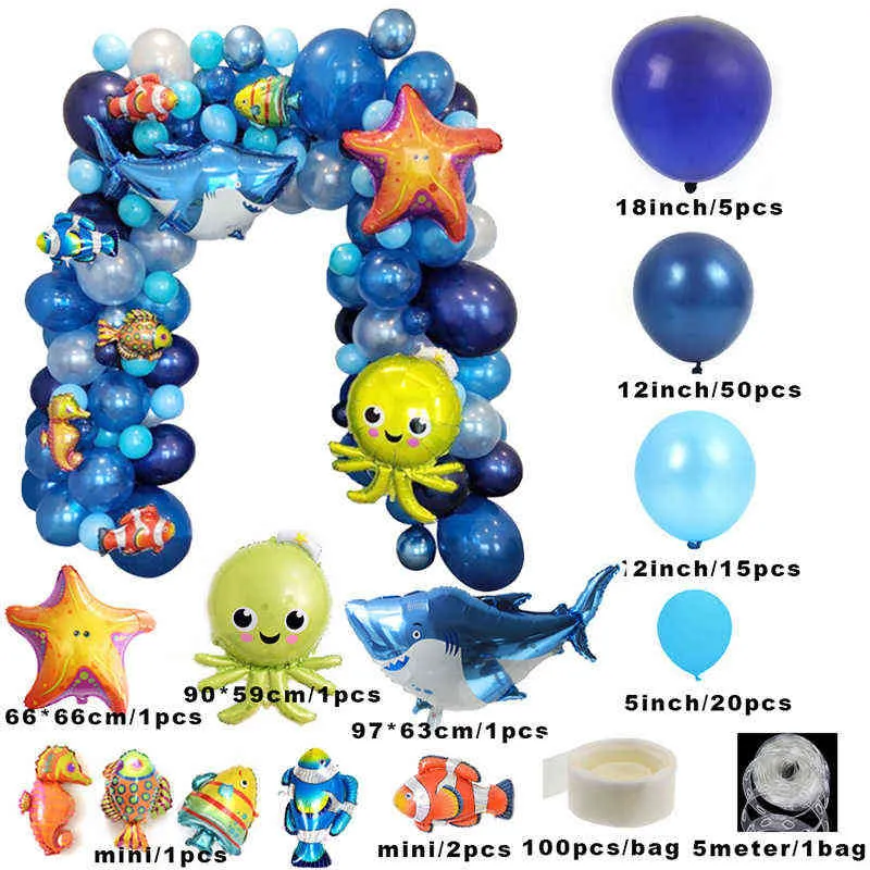 Ocean world Tema Under The Sea animale Palloncini blu scuro Kit ghirlanda Decorazioni feste di compleanno Bambini baby shower party 211216