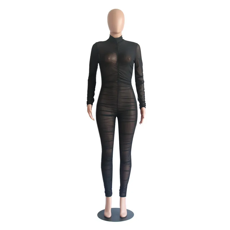 2019 Nouveau à manches longues Noir Sexy Bodycon Jumpsuit pour les femmes Mesh Voir à travers Skinny Barboteuses Femme Drapé Sortir Club Salopette T200107