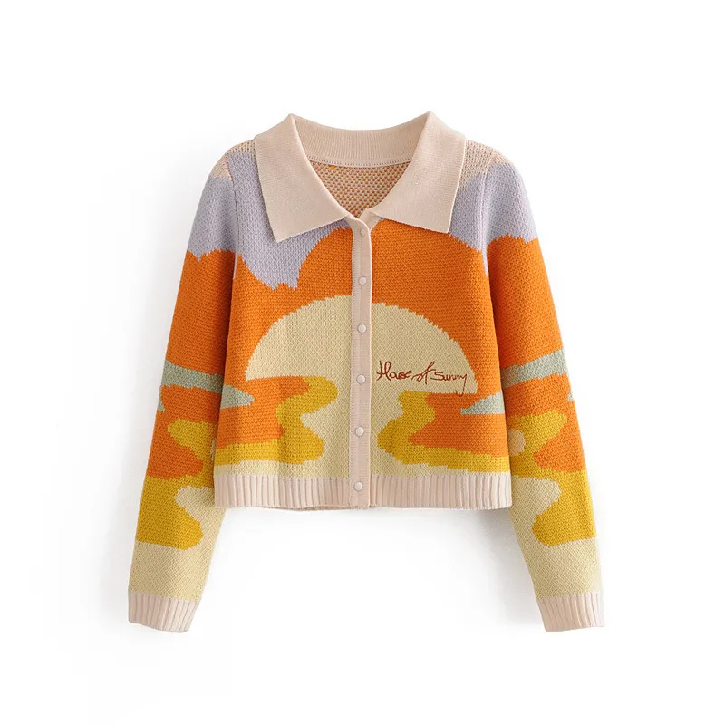 Women Sunset Painting Cropged Gardigan Collera Button Up Sweater Sweatr E-Girl Day Tripper Cardigan / 210204