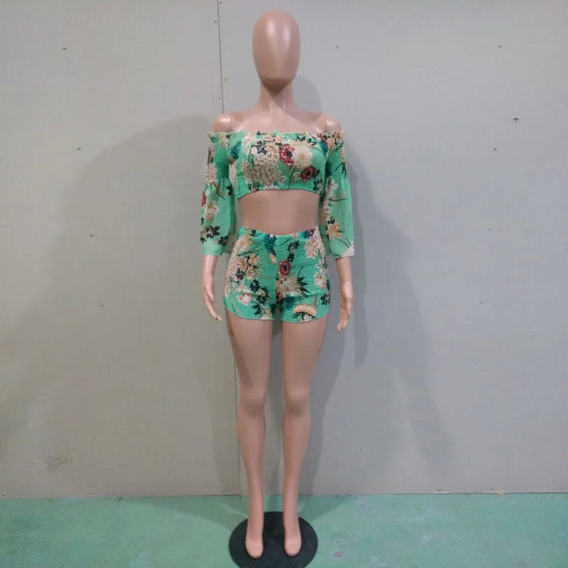 Estampa floral Casual Duas Peças Conjunto Camisola Ombro Fora Shorts Verão Curto Agasalho Feminino Sexy Bodycon Romper S-XXL 220304