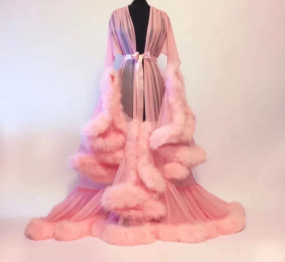 Sexy Feather Trumpet Tailed Skirt Night Gown Ostrich Bride Sleepwear Robes Long Sleeves Dressing Gown Women Sexy Pajamas Dresses3731720
