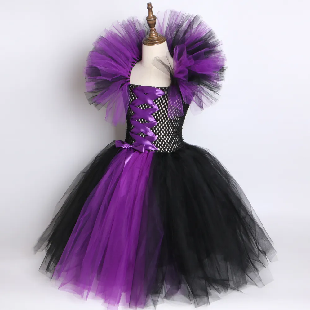 Malefica Regina Cattiva Vestito dal tutu delle ragazze con le corna Halloween Cosplay Costume da strega le ragazze Vestito da festa bambini Abbigliamento bambini Y208291889