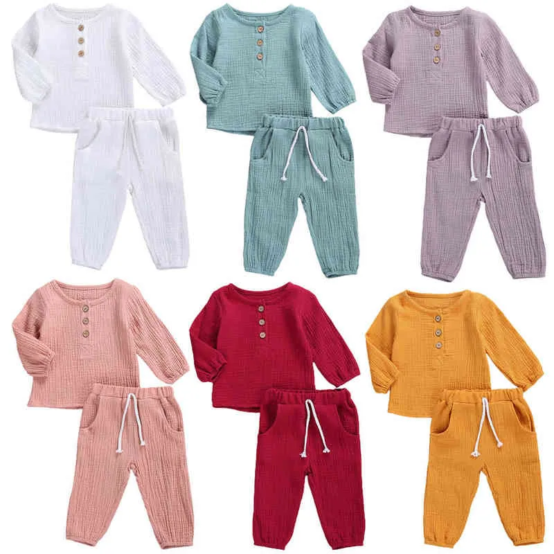 2020 0-5Y Infant Baby Cotton Linen Clothes Autumn New Boys Girls Button Long Sleeve T-shirt Top+Long Pants Solid Outfits G220310