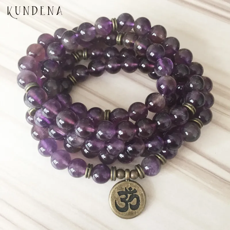 108 Ametiste Mala Yoga Bracciale Viola Pietra naturale Bracciale di loto o collana Buddha Charm da polso 5 Bracciale avvolto Y12183398