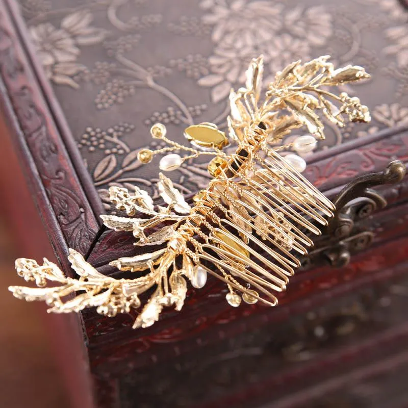 Lyxigt hårtillbehör för noiva vintage guldmetallblad med kristall på brudbröllop pins kvinnor fest smycken1194b