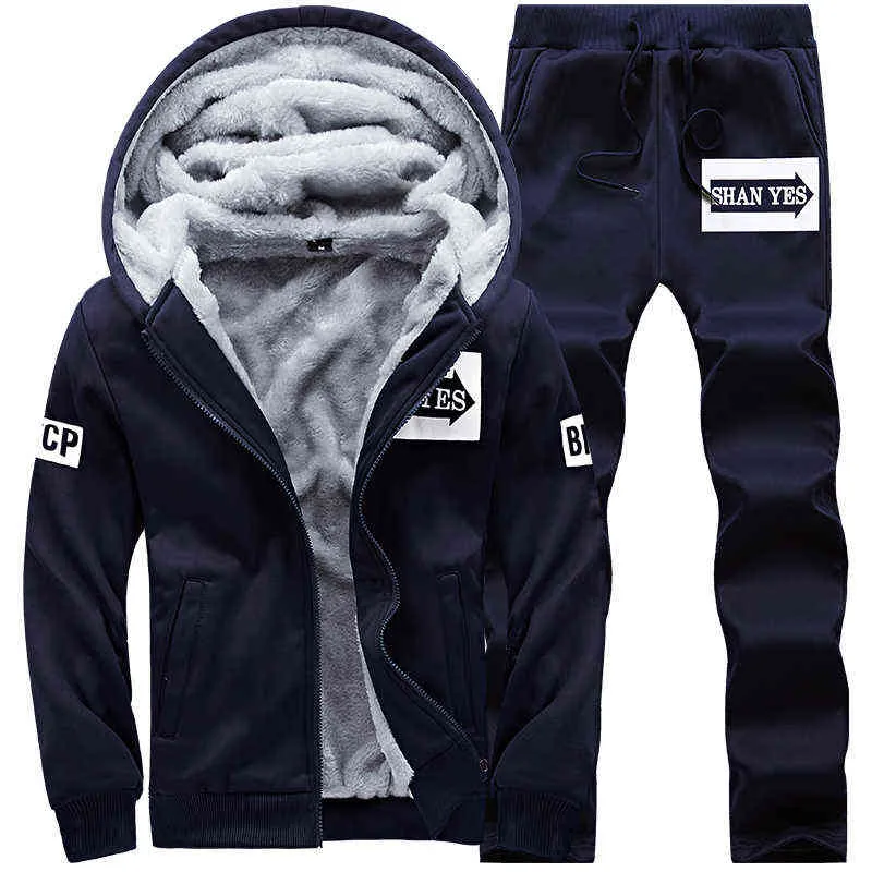 Fleece Men Vinter Set Fashion Casual Tracksuit Tjocktröja + Byxor Sportkläder Suit Varm Hooded Ytterkläder 211230