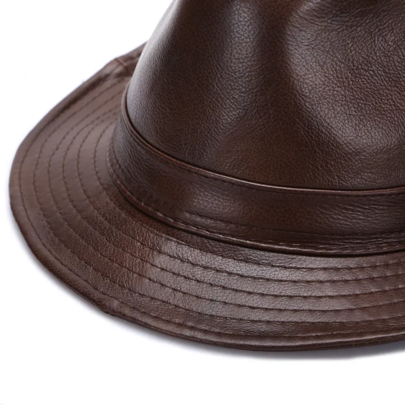 Mens Hat Winter Leather Fedora Cow Leather Trilby Warm Foder Medium Bredd Gorra Hombre Cortex Gentle Mens Fashion3601048