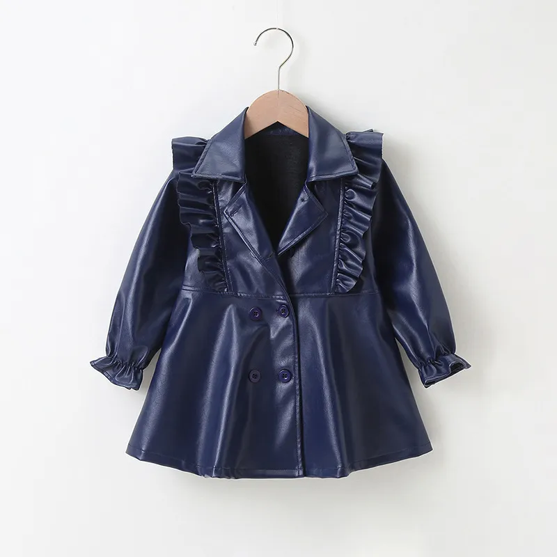 Criança Crianças Bebê Meninas Primavera Outono Geral Preto Faux Leather Ruffles Manga Longa Inglaterra Estilo Princesa Vestido Ey08171 220309