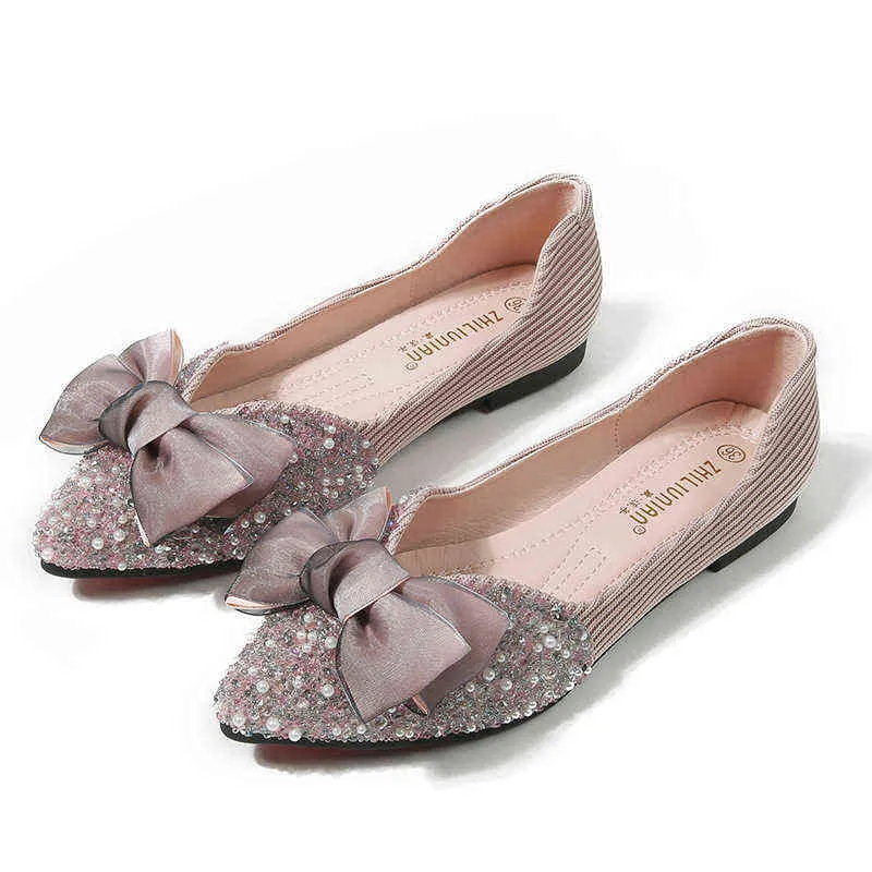 Dress Shoes Glitter Sequin Shoes Ladies Lace BowKnot Flats Women Striped Fabric Ballets OL Dress Shallow Pointed Toe Ballerina Loafers 220315