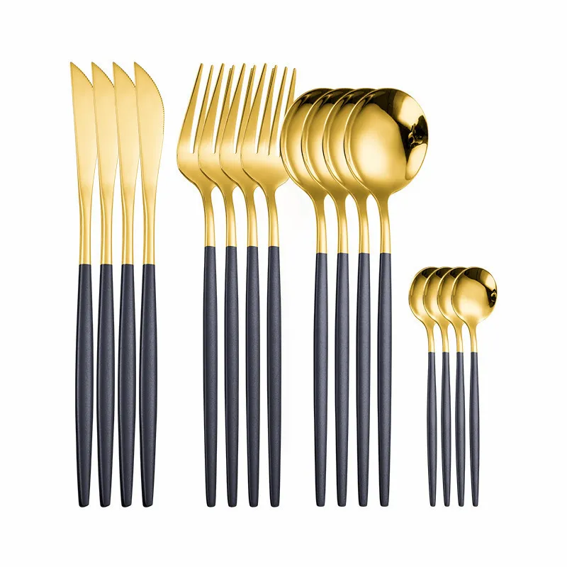 Rostfritt stål bestick sked gaffel set guld bestick uppsättning av skedar och gafflar 16 stycken svart guld dinnerware set gratis frakt 201116