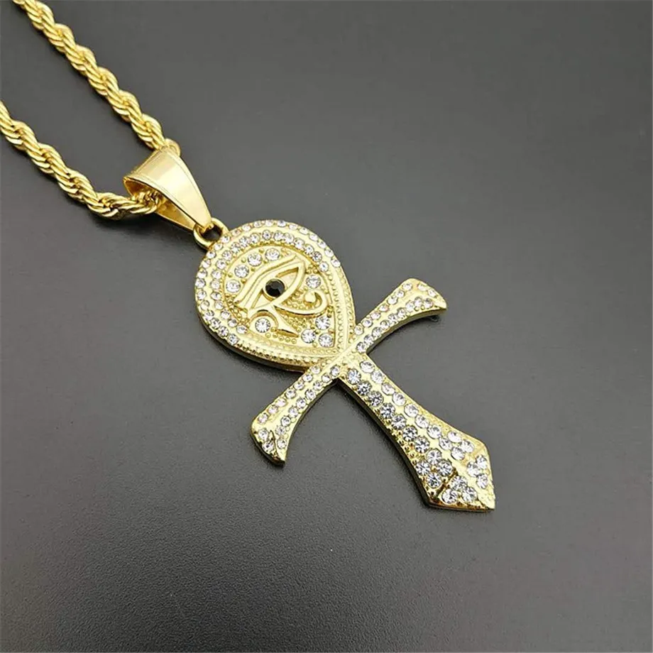 Egyptische Ankh Kruis Hanger Ketting Voor Vrouwen/Mannen Goud Kleur Rvs Oog van Horus Ketting Iced Out Bling Egypte Sieraden 201014