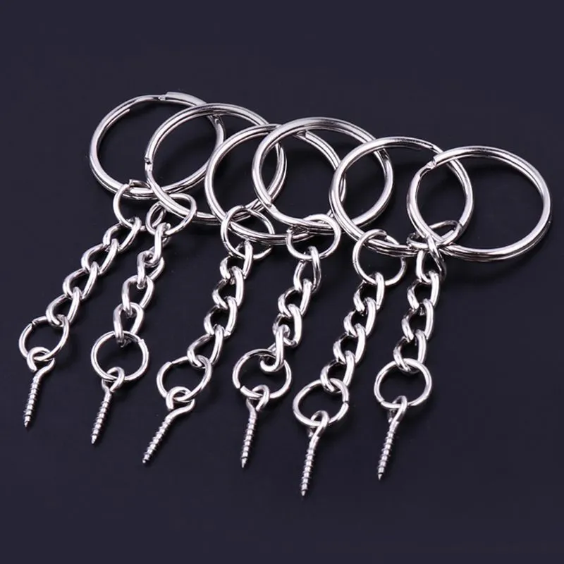 50st Silver Skruv Pin -nyckelkedjor med öppen hoppringskedja Extender Eye Pins Split Keyring Jewelry Making Findings5597630