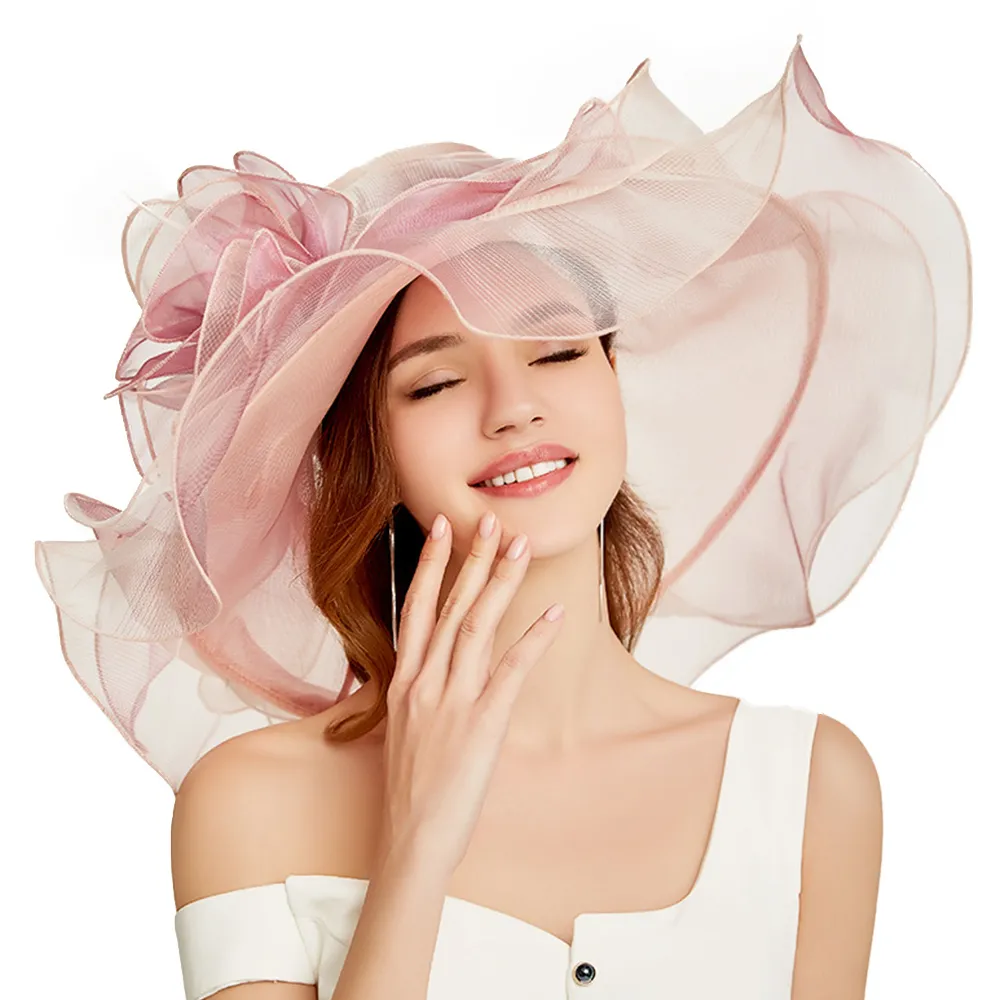 Fs organza chapéus de igreja de verão para mulheres, elegantes, aba larga, vintage, fedoras com flor grande, rosa, chapéu de praia y200714275e