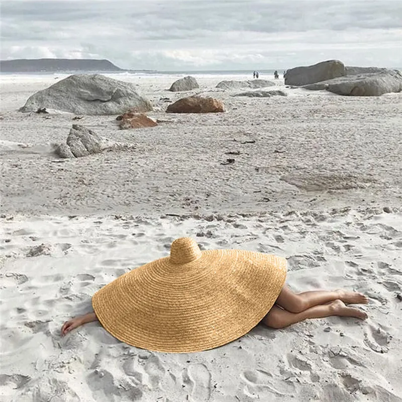 Женщина мода большая солнцезащитная шляпа пляж Анти-UV Защита от солнца складной соломенная крышка Негабаритная складная складная пляжная шляпа 71#45 Y200103
