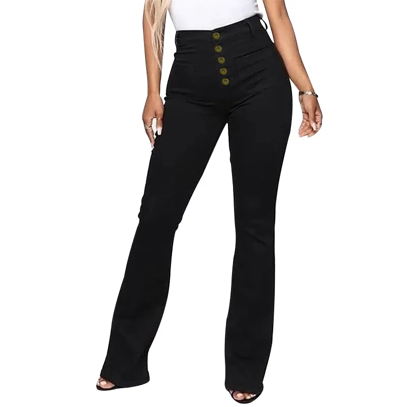 Lavé Taille Haute Bouton Boot-cut Jeans Femmes Casual Long Pantalon Pantalon -MX8 210203