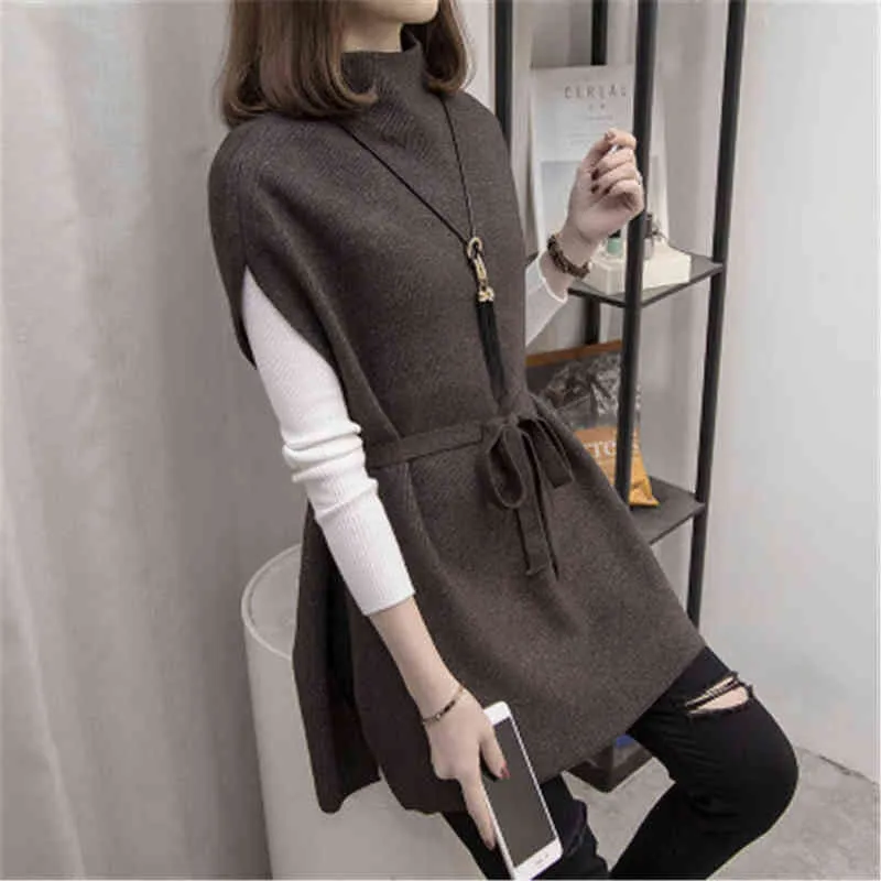 Höst Vinter Kvinnor Kläder Lun Lång Vest Strikkad Tröja Halv Turtleneck Mid-Length Sweater Korean Fashion Vests 211220