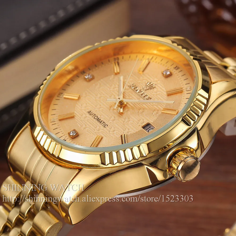 Luxus Gold Mode Herrenuhren Casual Kristall Zifferblatt Datum Automatische Mechanische Edelstahl Sport Armbanduhren für männer Geschenke 2275U