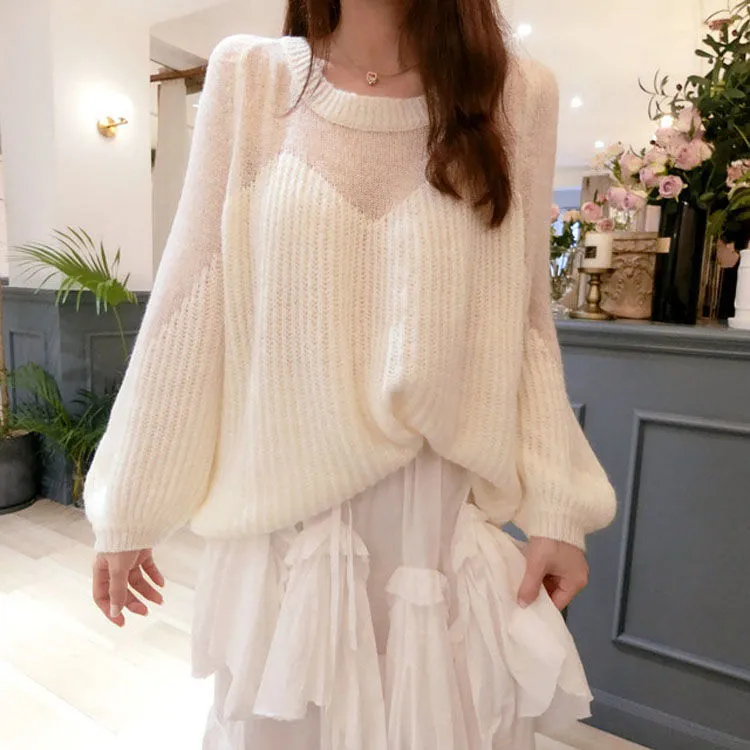 Autumn and winter fairy soft waxy sweater gentle feeling full of lazy wind loose thin lantern sleeve sweater women 201221