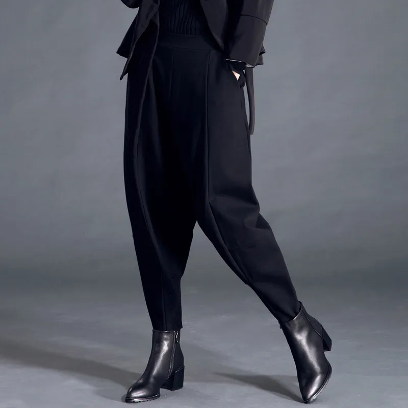 [eam] جديد ربيع الأزياء المد والجزر الأسود عالية الخصر جيوب مرنة عارضة المرأة كامل طول الحريم السراويل SA155 201109