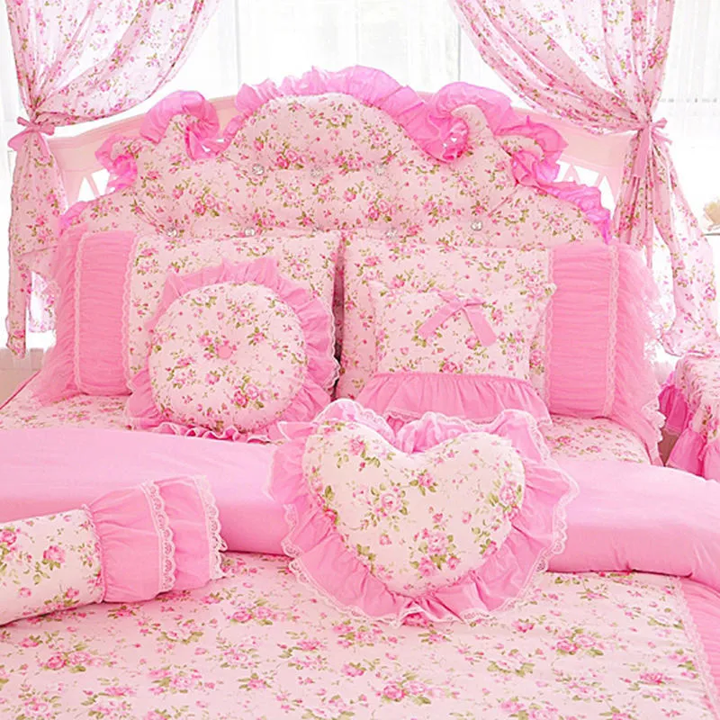 Korean style pink Lace bedspread bedding set king queen princess duvet cover bed skirts bedclothes cotton home textile 201210